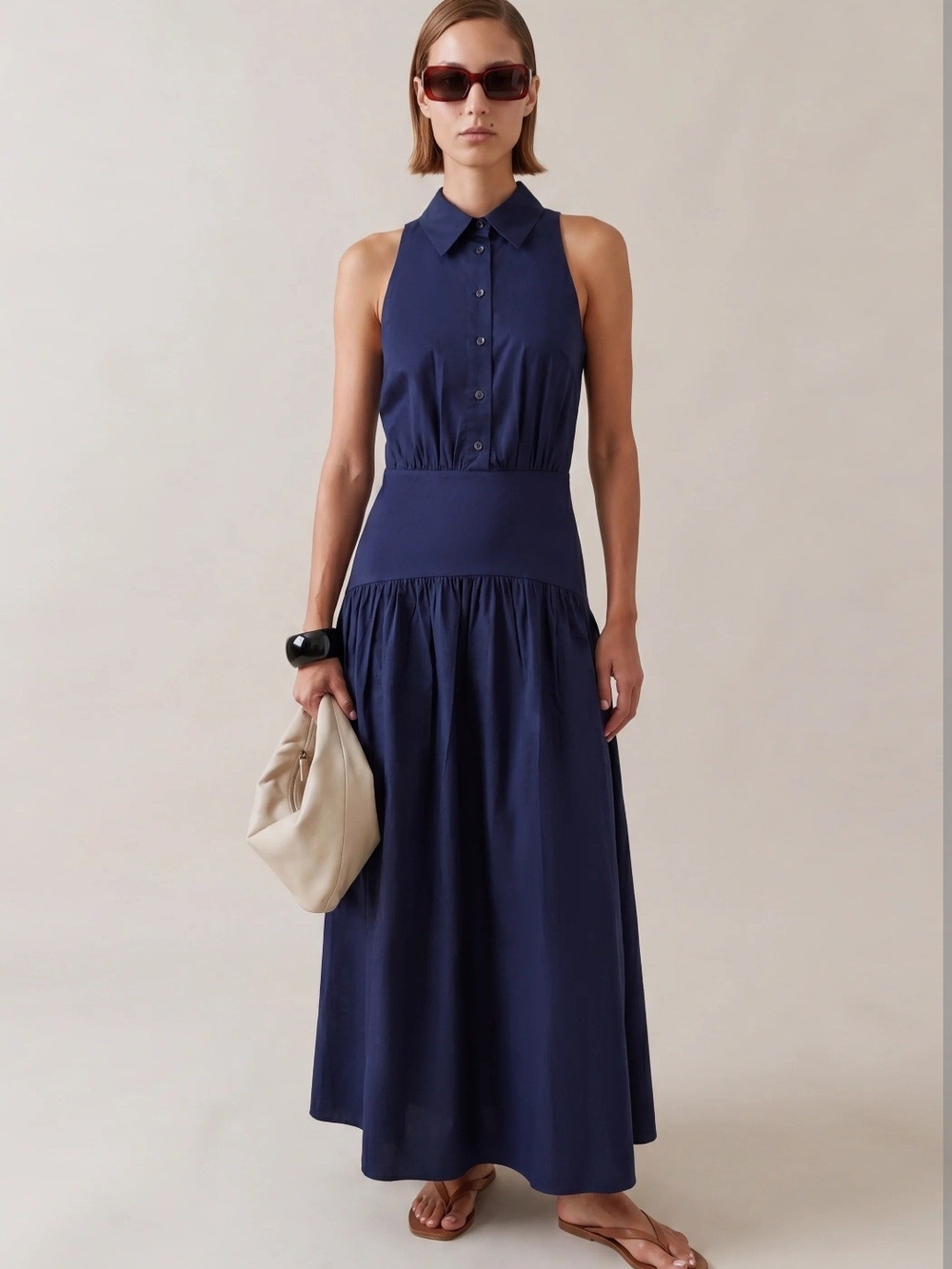 Few Moda O.P.T. Collared Sleeveless Navy Maxi Dress with Button Front
